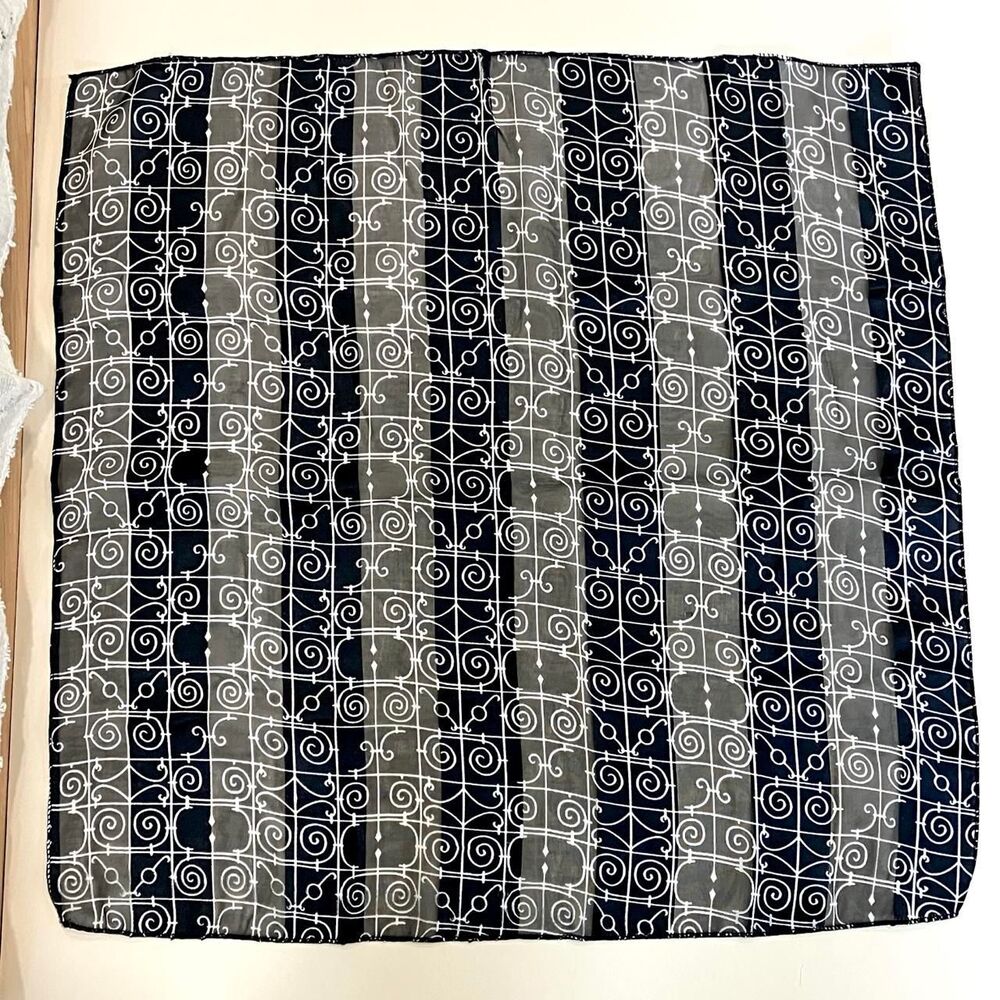 Black & white shimmer square scarf wrap with white spiral & geometric pattern